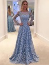 A-line Scalloped Neck Lace Tulle with Floor-length Long Sleeve Elegant Prom Dresses #PDS020103585