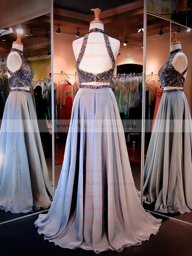 Two Piece A-line High Neck Chiffon Beading Sweep Train Open Back Stunning Prom Dresses #PDS020103591