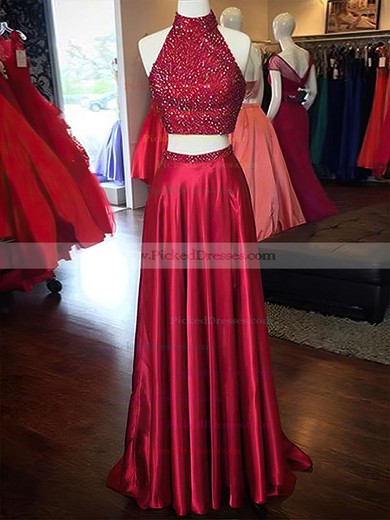 Two Piece A-line High Neck Split Front Sweep Train Open Back Latest Prom Dresses #PDS020103602