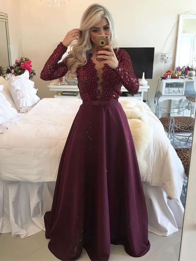 New Arrival A-line Scoop Neck Chiffon Tulle with Appliques Lace Floor-length Long Sleeve Prom Dresses #PDS020103603