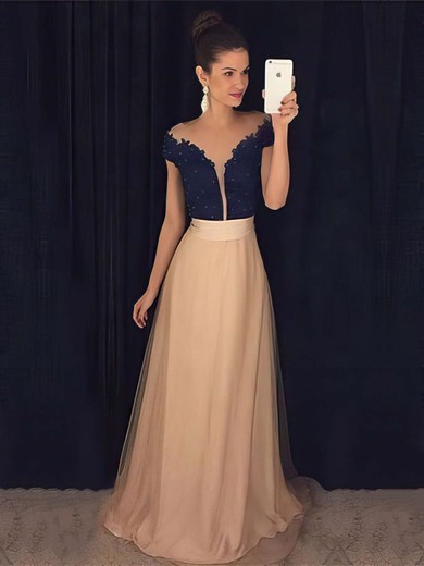 A-line Scoop Neck Tulle with Appliques Lace Floor-length Cap Strap Modest Long Prom Dresses #PDS020103604