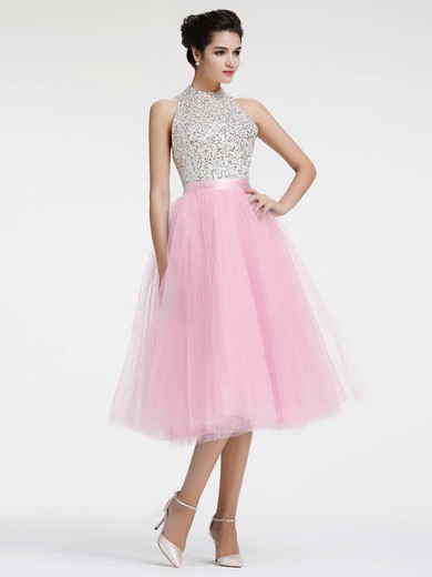 Tea-length A-line Halter Tulle with Sequins Backless Pretty Prom Dresses #PDS020103608