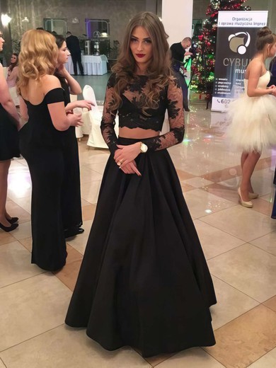 New Two Piece A-line Scoop Neck Black Satin Tulle Appliques Lace Floor-length Long Sleeve Prom Dresses #PDS020103632