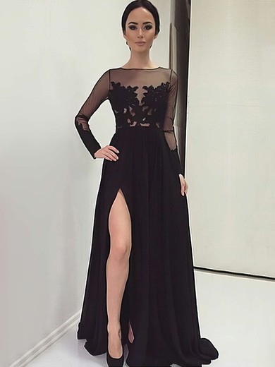 Black A-line Scoop Neck Chiffon Tulle Appliques Lace Sweep Train Long Sleeve Unique Prom Dresses #PDS020103633