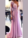 A-line Scoop Neck Chiffon Tulle with Appliques Lace Sweep Train Long Sleeve Sexy Prom Dresses #PDS020103641