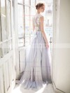 Glamorous A-line Scoop Neck Lace Chiffon with Appliques Lace Sweep Train Prom Dresses #PDS020103643