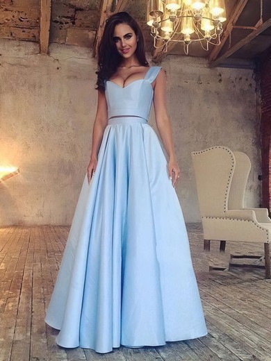 A-line V-neck Satin with Ruffles Floor-length Blue Two Piece Different Prom Dresses #PDS020103649