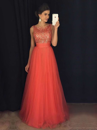 Glamorous A-line Scoop Neck Tulle with Beading Floor-length Backless Prom Dresses #PDS020103678
