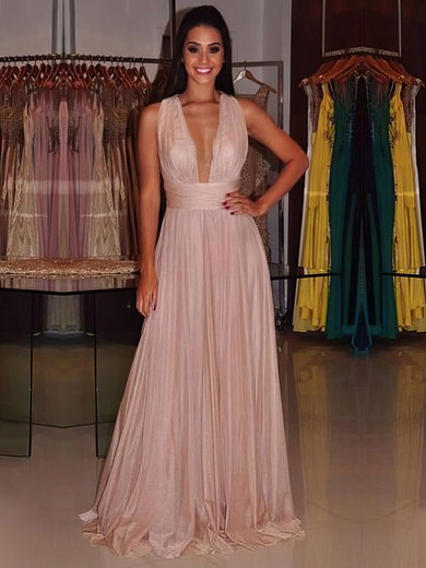 A-line V-neck Chiffon with Ruffles Floor-length Open Back Amazing Prom Dresses #PDS020103692