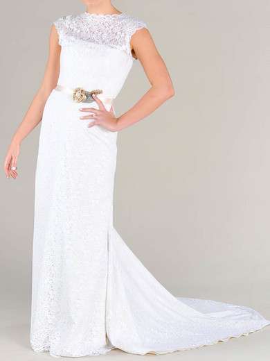 Scalloped Neck White Lace Sashes/Ribbons Cap Straps Sheath/Column Wedding Dresses #PDS00020479