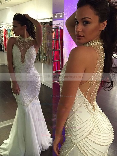 New Arrival Trumpet/Mermaid Tulle with Pearl Detailing Sweep Train High Neck Prom Dresses #PDS020103704