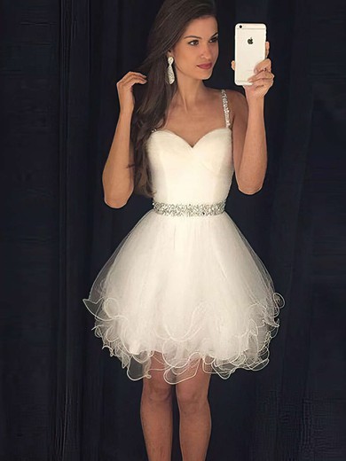A-line Sweetheart Tulle Short/Mini Beading Short Prom Dresses #PDS020103722