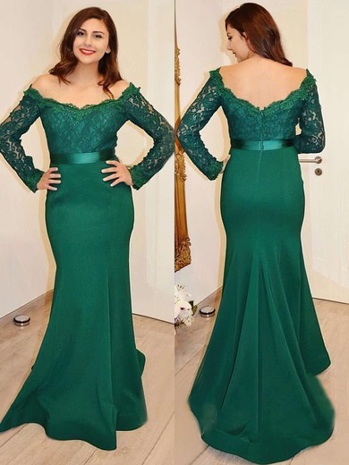 Trumpet/Mermaid Off-the-shoulder with Appliques Lace Sweep Train Long Sleeve Boutique Prom Dresses #PDS020103731