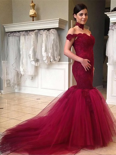 Popular Trumpet/Mermaid Off-the-shoulder Tulle Appliques Lace Sweep Train Burgundy Backless Prom Dresses #PDS020103736