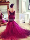 Popular Trumpet/Mermaid Off-the-shoulder Tulle Appliques Lace Sweep Train Burgundy Backless Prom Dresses #PDS020103736