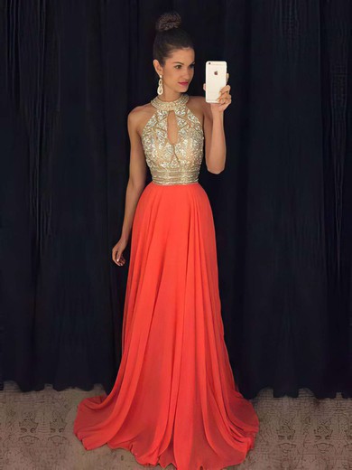 A-line Orange Chiffon Tulle with Beading Sweep Train Boutique High Neck Prom Dresses #PDS020103750