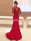 Red Trumpet/Mermaid V-neck with Appliques Lace Sweep Train Popular Prom Dresses #PDS020103760