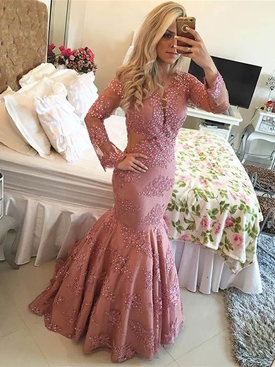Perfect Scoop Neck Trumpet/Mermaid Tulle with Beading Sweep Train Long Sleeve Prom Dresses #PDS020103761