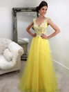 New Style A-line V-neck Tulle with Beading Floor-length Yellow Long Prom Dresses #PDS020103762
