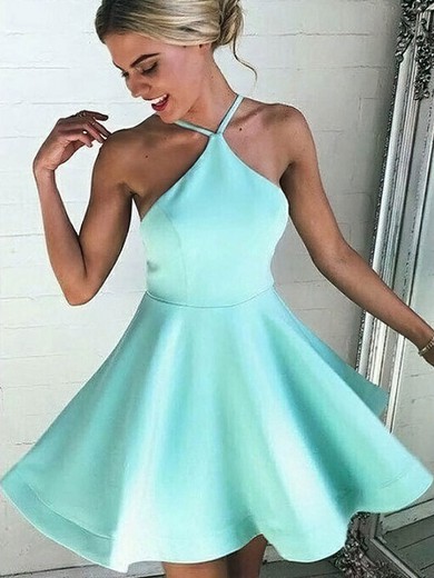 Casual Short/Mini A-line Halter Satin with Ruffles Backless Prom Dresses #PDS020103769