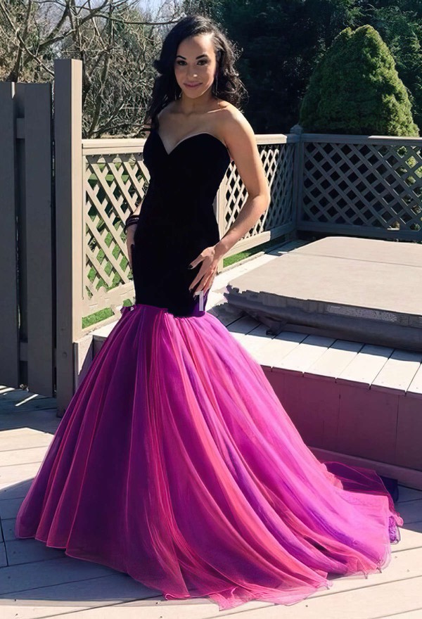 New Arrival Sweetheart Ruffles Tulle Sweep Train Trumpet/Mermaid Prom Dresses #PDS020103781