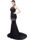 Trumpet/Mermaid Scoop Neck Sweep Train Chiffon Tulle with Crystal Detailing Prom Dresses #PDS020104149