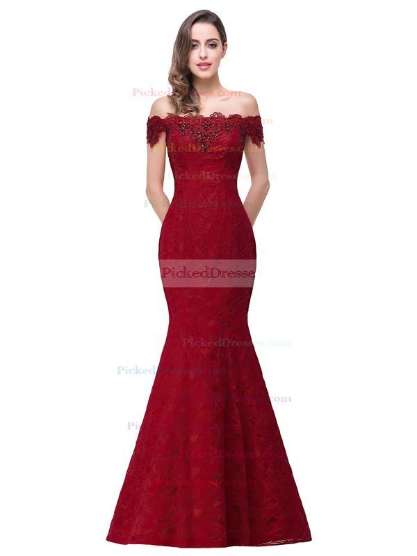 Trumpet/Mermaid Off-the-shoulder Floor-length Lace with Beading Prom Dresses #PDS020104153