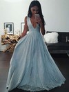 A-line V-neck Floor-length Tulle with Beading Prom Dresses #PDS020104343