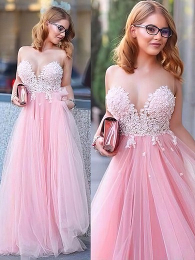Princess Scoop Neck Floor-length Tulle with Appliques Lace Prom Dresses #PDS020104370