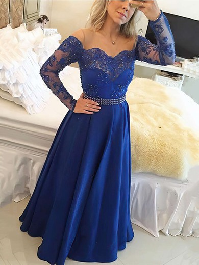 A-line Scoop Neck Floor-length Chiffon Tulle with Beading Prom Dresses #PDS020104440