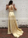 A-line High Neck Sweep Train with Beading Prom Dresses #PDS020104449