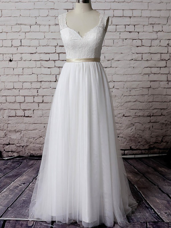 V-neck White Tulle Lace Sashes/Ribbons Backless Court Train Wedding Dress #PDS00020483