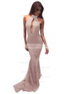 Trumpet/Mermaid Halter Sweep Train Jersey with Ruffles Prom Dresses #PDS020104527
