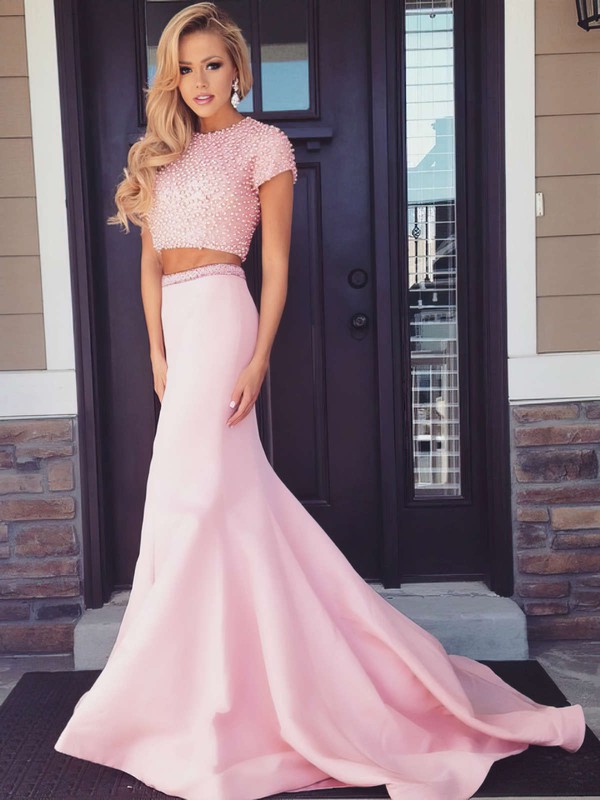 Trumpet/Mermaid Scoop Neck Sweep Train Satin with Pearl Detailing Prom Dresses #PDS020104541