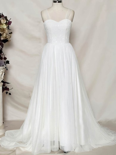 Sweetheart White Tulle with Appliques Lace Fashion Sweep Train Wedding Dress #PDS00020484
