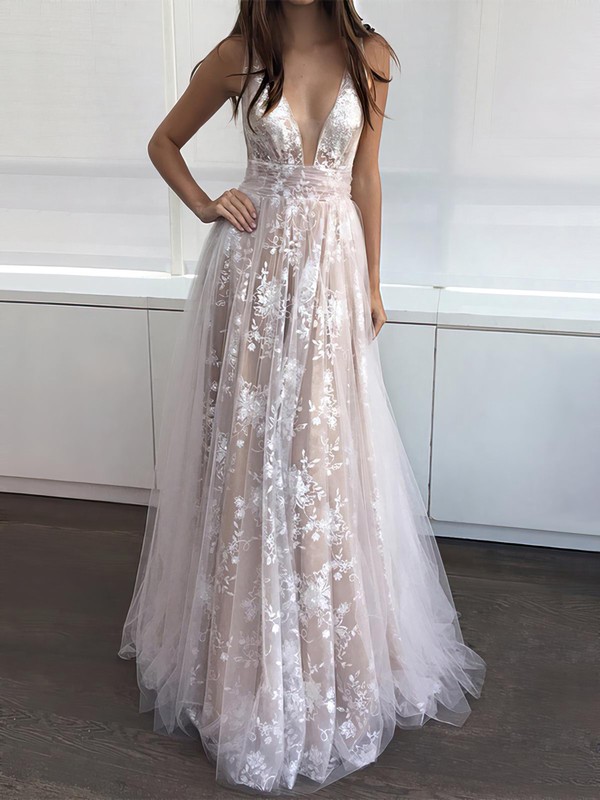 Elegant A-line V-neck Tulle Floor-length with Appliques Lace Prom Dress #PDS020104576