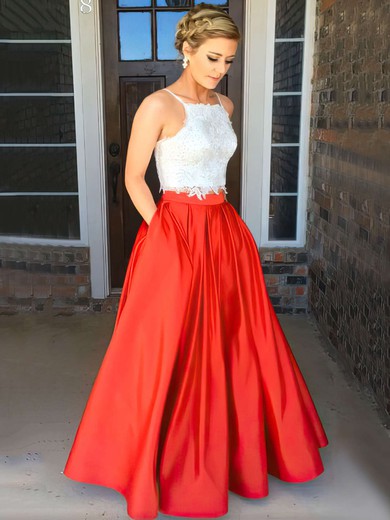 Fashion Two Piece Square Neck Satin with Appliques Lace Open Back Prom Dress #PDS020104587