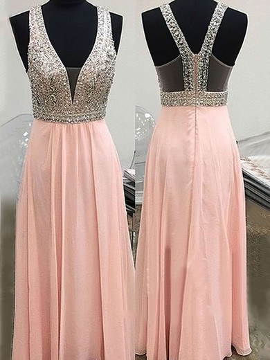 Pearl Pink V-neck A-line Chiffon with Beading Floor-length Prom Dress #PDS020104586