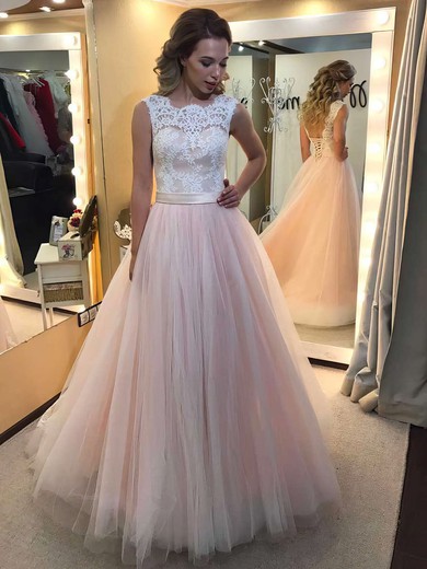 Princess Scalloped Neck Lace Tulle Floor-length Prom Dress #PDS020104585