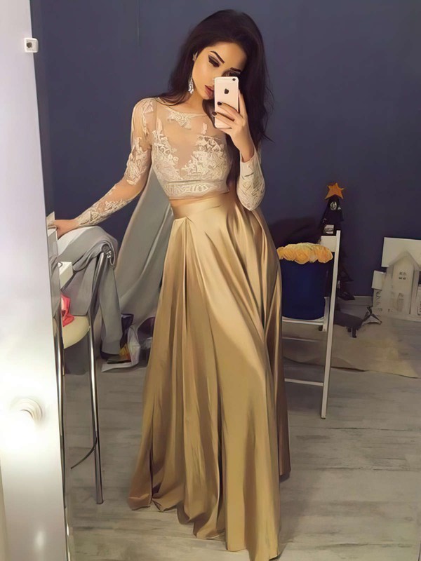 Amazing Gold A-line Satin Scoop Neck Long Sleeves Prom Dress #PDS020104577