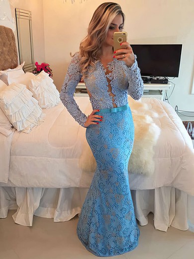 Trumpet/Mermaid V-neck Blue Lace Long Sleeve Open Back Floor-length Prom Dress #PDS020104614