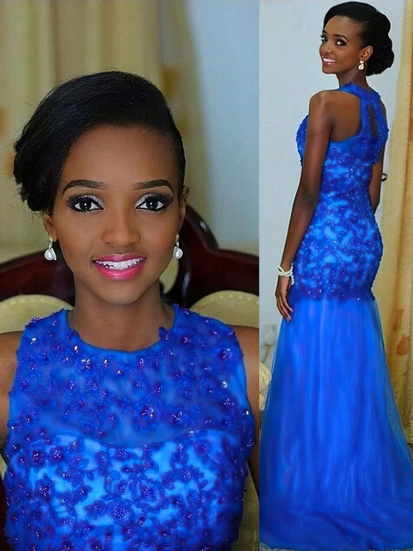 Royal Blue Trumpet/Mermaid Scoop Neck Chiffon with Appliques Lace Prom Dress #PDS020104611