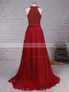 Burgundy A-line Scoop Neck Chiffon with Beading Floor-length Prom Dress #PDS020104608