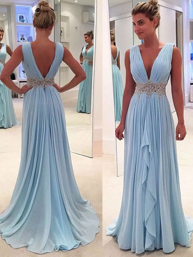 Light Sky Blue A-line V-neck Chiffon Cascading Ruffles Sweep Train Prom Dress #PDS020104606