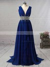 Light Sky Blue A-line V-neck Chiffon Cascading Ruffles Sweep Train Prom Dress #PDS020104606