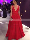 Elegant Red Ball Gown V-neck Satin Floor-length Prom Dress #PDS020104603