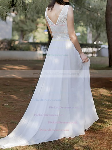Vintage Scoop Neck Chiffon Lace Court Train White Wedding Dresses #PDS00020486