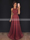 A-line Scoop Neck Sweep Train Satin Lace Prom Dresses #PDS020104848