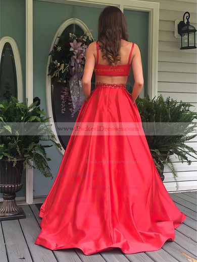 Princess Scoop Neck Floor-length Satin Beading Prom Dresses #PDS020104862