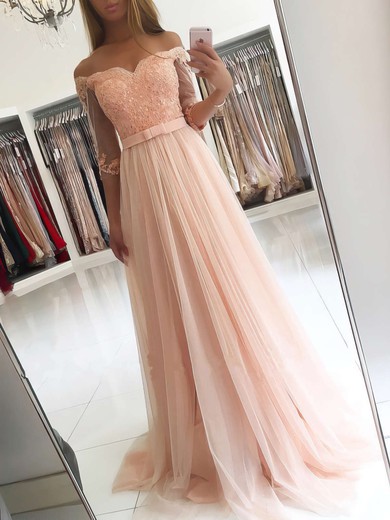 A-line Off-the-shoulder Floor-length Tulle Appliques Lace Prom Dresses #PDS020104905